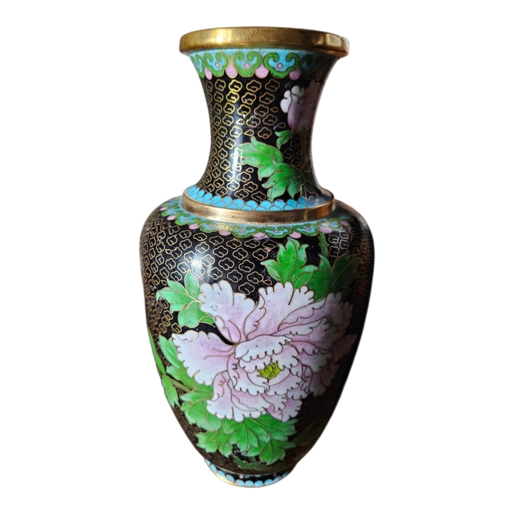 Vintage Chinese Cloisonne Vase Black Enameled Background.
